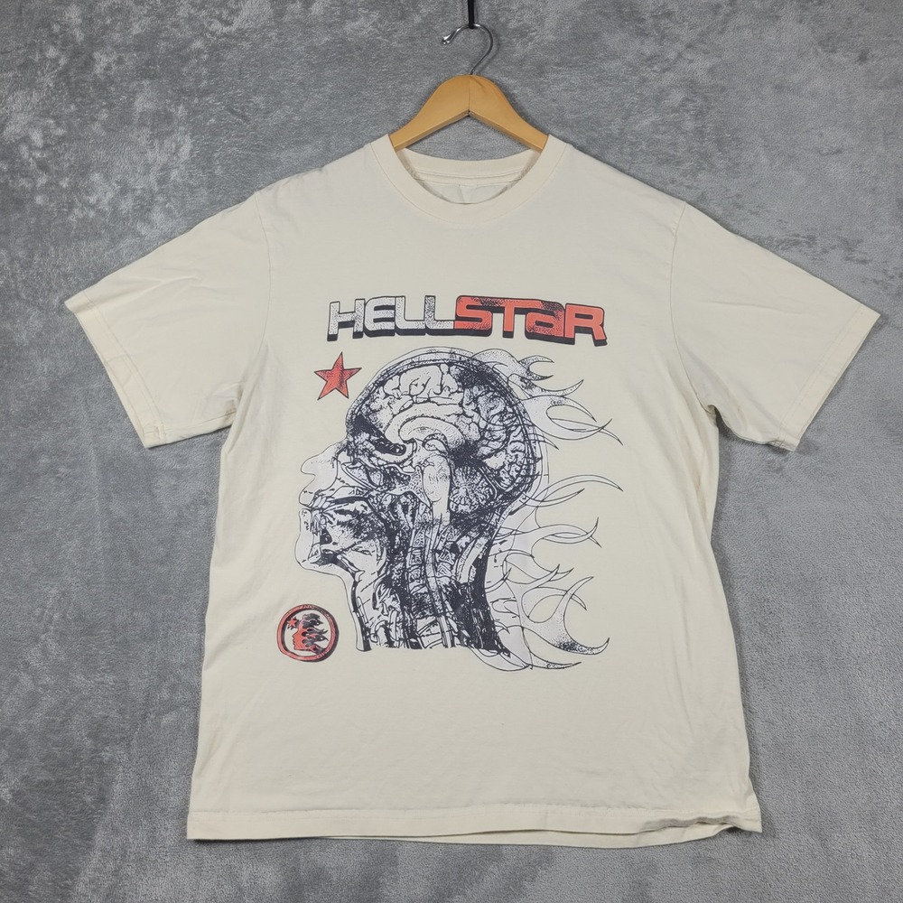 Hellstar T-Shirt Mens L Cream Graphic Brain Skull 1996 Streetwear Short Sleeve